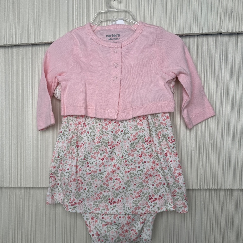 NWT 0-3m Pink Cardigan and Floral Print Dress with matching bow.